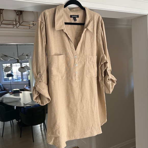 ELLEN TRACEY Beige Linen Blend Blouse / Top - Roll Sleeves, Placket Front - XXL - Picture 6 of 16